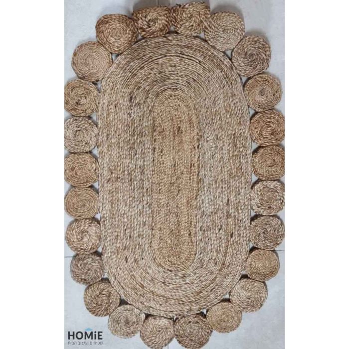 שטיח חבל (יוטה) טבעי אובלי (אליפסה) עבה דקורטיבי עבודת יד דגם ולנסיה 1803. השטיח המודרני-קלאסי מתאים לסלון, לחדר שינה, לחדר ילדים, לחדר/פינת משחקים, לחדר אורחים, למסדרון, לאמבטיה, למטבח, לפינת אוכל, לחדר עבודה, לגינה, לגן ילדים, לבית ספר ולמשרד. 