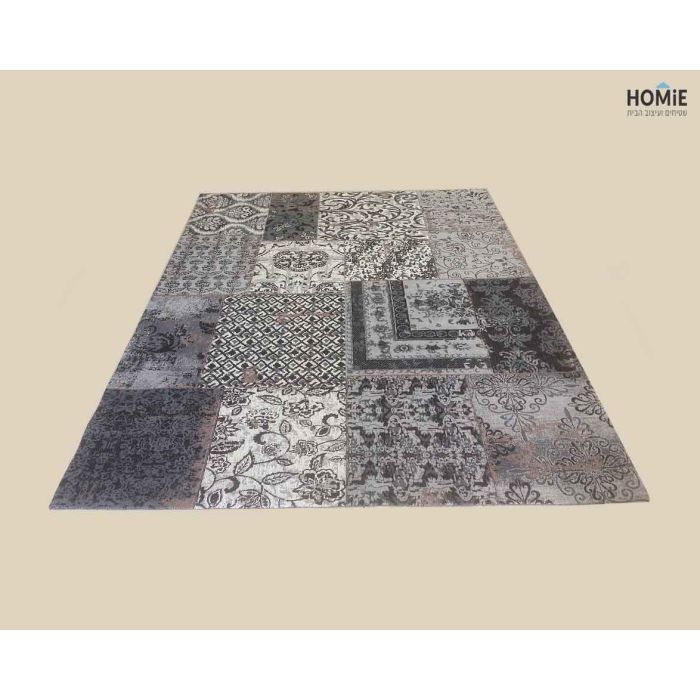 שטיח טלאים וינטג' כותנה איכותי לסלון, לחדר שינה, למטבח ושאר חלל הבית דגם ריביירה בצבע שחור ואפור. השטיח יכניסה המון שיק, סטייל ויוקרה לחלל החדר