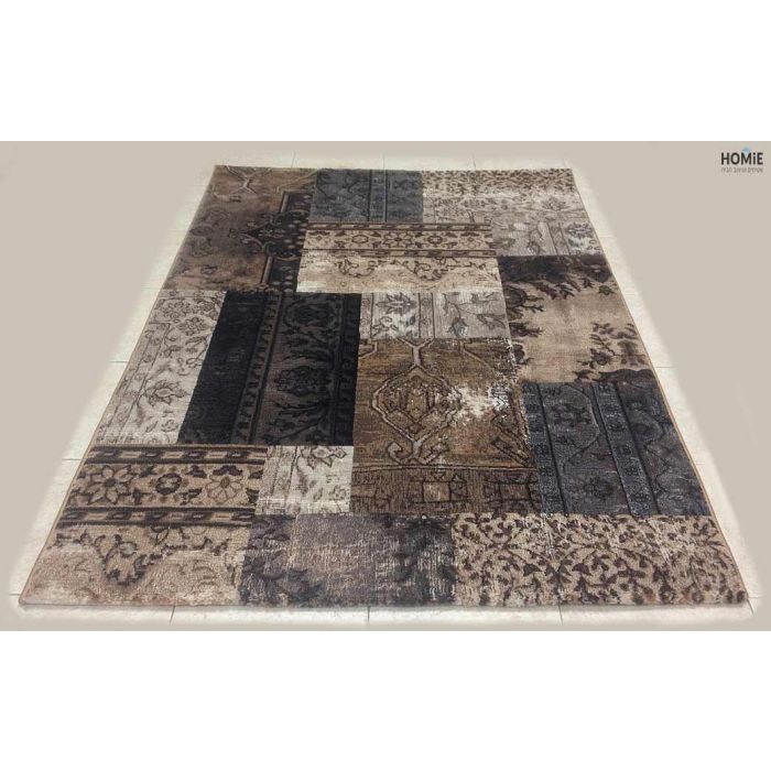 שטיח טלאים וינטג' יוקרתי לסלון, לחדר שינה, למטבח ושאר חלל הבית דגם דונטלו 39/76 בצבע חום, בז' ושחור