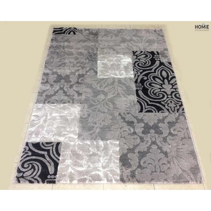 שטיח טלאים וינטג' יוקרתי לסלון, לחדר שינה, למטבח ושאר חלל הבית דגם דונטלו 01/96 בצבע אפור, שחור ושמנת
