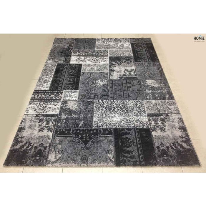שטיח טלאים וינטג' יוקרתי לסלון, לחדר שינה, למטבח ושאר חלל הבית דגם דונטלו 39/90 בצבע אפור כהה, אפור בהיר ושחור