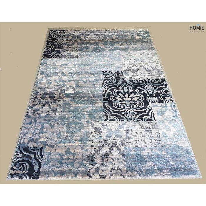 שטיח טלאים וינטג' יוקרתי לסלון, לחדר שינה, למטבח ושאר חלל הבית דגם דונטלו 01/30 בצבע טורקיז, שחור, שמנת ובז'