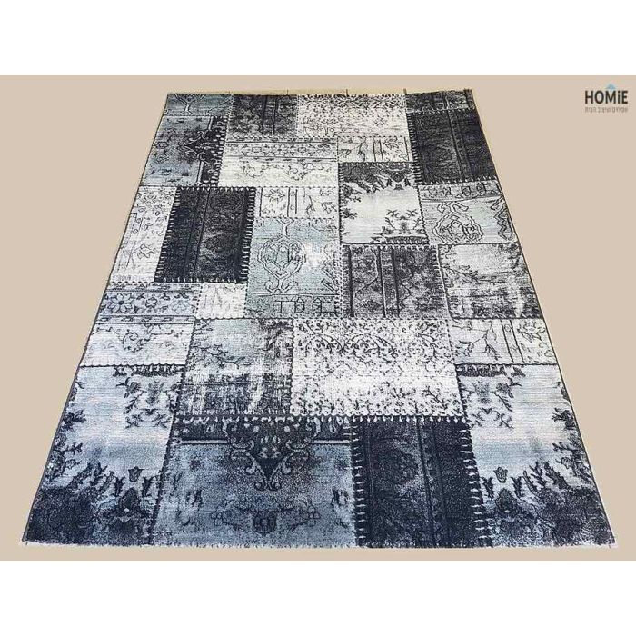 שטיח טלאים וינטג' יוקרתי לסלון, לחדר שינה, למטבח ושאר חלל הבית דגם דונטלו 33/93 בצבע טורקיז, שחור ואפור