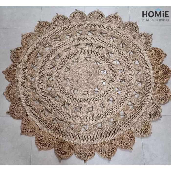 שטיח חבל טבעי (יוטה) עגול עבה דקורטיבי עבודת יד דגם ולנסיה 1807. השטיח המודרני-קלאסי היוקרתי מתאים לסלון, לחדר שינה, לחדר ילדים, לחדר/פינת משחקים, לחדר אורחים, למסדרון, לאמבטיה, למטבח, לפינת אוכל, לחדר עבודה, לגינה, לגן ילדים, לבית ספר ולמשרד. 