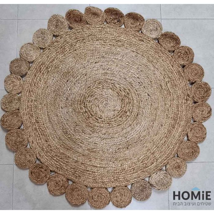 שטיח חבל טבעי (יוטה) עגול עבה דקורטיבי עבודת יד דגם ולנסיה 1810. השטיח המודרני-קלאסי היוקרתי מתאים לסלון, לחדר שינה, לחדר ילדים, לחדר/פינת משחקים, לחדר אורחים, למסדרון, לאמבטיה, למטבח, לפינת אוכל, לחדר עבודה, לגינה, לגן ילדים, לבית ספר ולמשרד. 