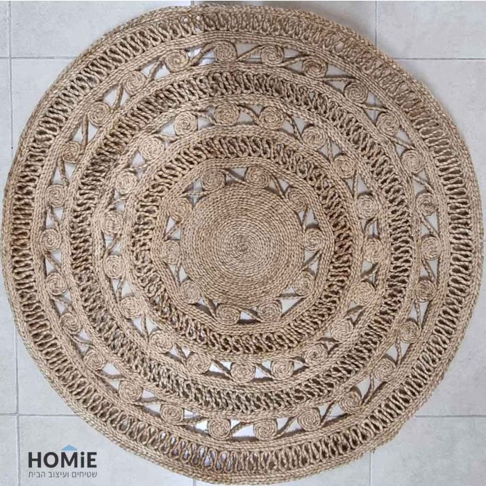 שטיח חבל טבעי (יוטה) עגול עבה דקורטיבי עבודת יד דגם ולנסיה 1804. השטיח המודרני-קלאסי היוקרתי מתאים לסלון, לחדר שינה, לחדר ילדים, לחדר/פינת משחקים, לחדר אורחים, למסדרון, לאמבטיה, למטבח, לפינת אוכל, לחדר עבודה, לגינה, לגן ילדים, לבית ספר ולמשרד.