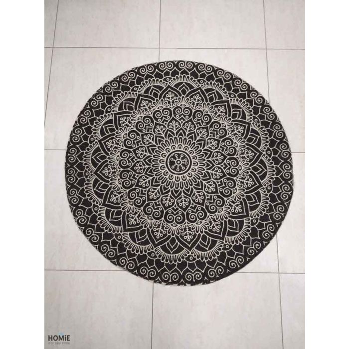 שטיח מנדלה עגול וינטג' גיאומטרי כותנה דקורטיבי איכותי לסלון, לחדר שינה, לחדר ילדים, למטבח ושאר חלל הבית דגם סמרה בצבע שחור.