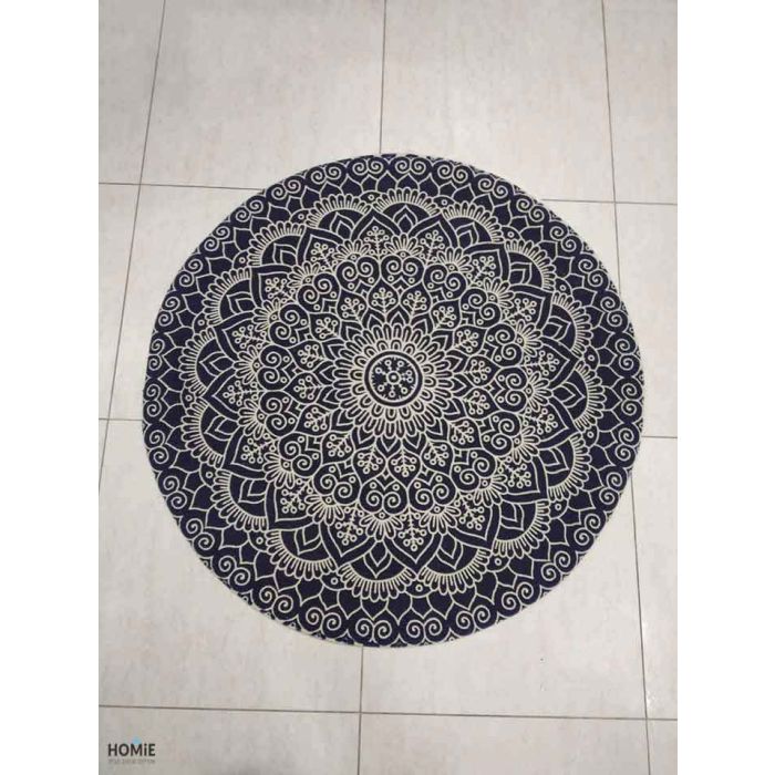 שטיח מנדלה עגול וינטג' גיאומטרי כותנה דקורטיבי איכותי לסלון, לחדר שינה, לחדר ילדים, למטבח ושאר חלל הבית דגם סמרה בצבע כחול.