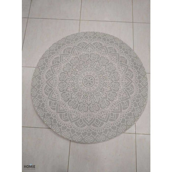 שטיח מנדלה עגול וינטג' גיאומטרי כותנה דקורטיבי איכותי לסלון, לחדר שינה, לחדר ילדים, למטבח ושאר חלל הבית דגם סמרה בצבע אפור.