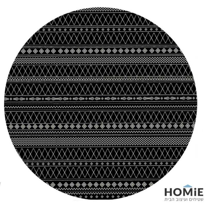 שטיח גומי עגול למטבח וינטג' גיאומטרי אתני שחור לבן דגם מדריד 22. השטיח המודרני היוקרתי יתאים גם לסלון, חדר שינה, חדר ילדים ותינוקות, אמבטיה, מסדרון, פינת אוכל, חדר עבודה, משרד, בית ספר, גן ילדים, מתנ"ס, חנויות, מסעדות, אולמות אירועים ועוד. 