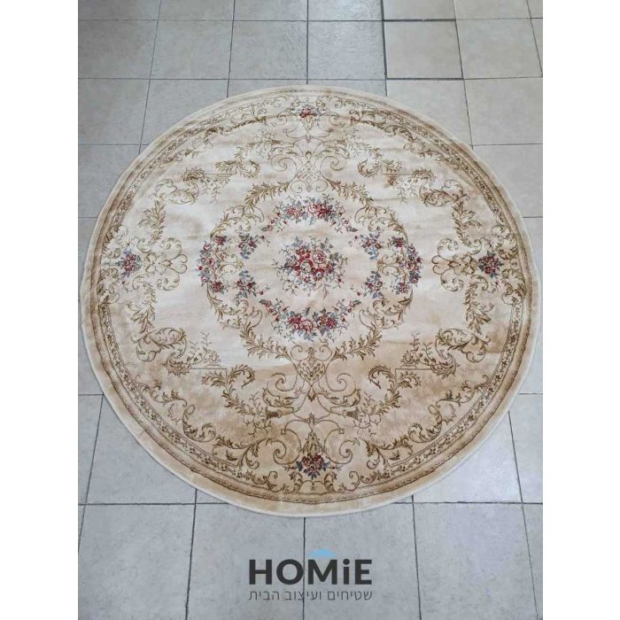 שטיח עגול קלאסי ויסקוזה דמוי משי פרחוני שנהב דגם אספהאן 840-1. השטיח הסופר יוקרתי מתאים לסלון, חדר שינה, חדר ילדים ותינוקות, חדר אורחים, חדר משחקים, פינת ישיבה, פינת אוכל, מטבח, חדר עבודה ומשרד. 