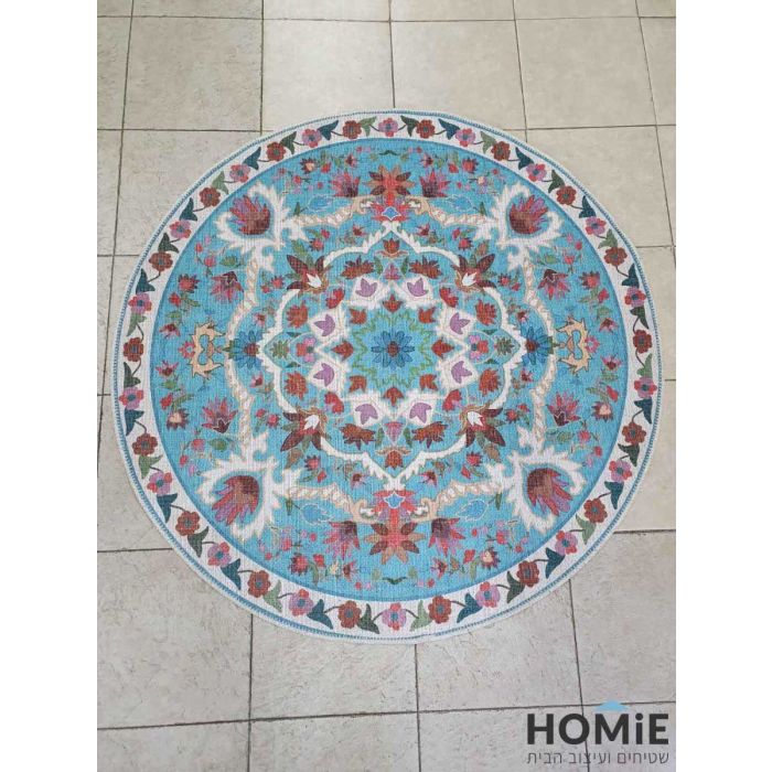 שטיח עגול וינטג' סמרקנד טורקיז כותנה מודרני איכותי דגם סטפני S2 לסלון, חדר שינה, חדר ילדים, אמבטיה, מסדרון, מטבח, משרד ואולם אירועים.