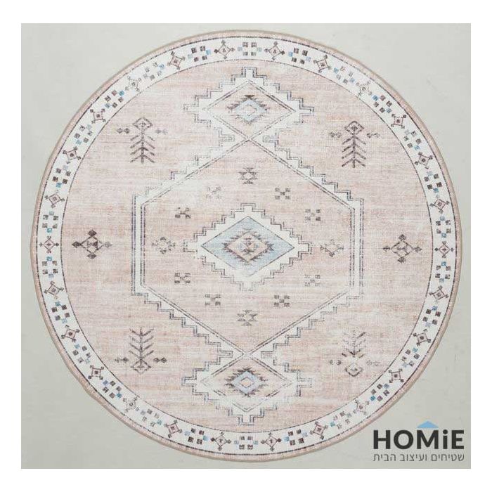 שטיח עגול וינטג' מודרני שבטי מדליונים בצבעי בז' תכלת דגם אנטוניו 07 לסלון ושאר הבית.