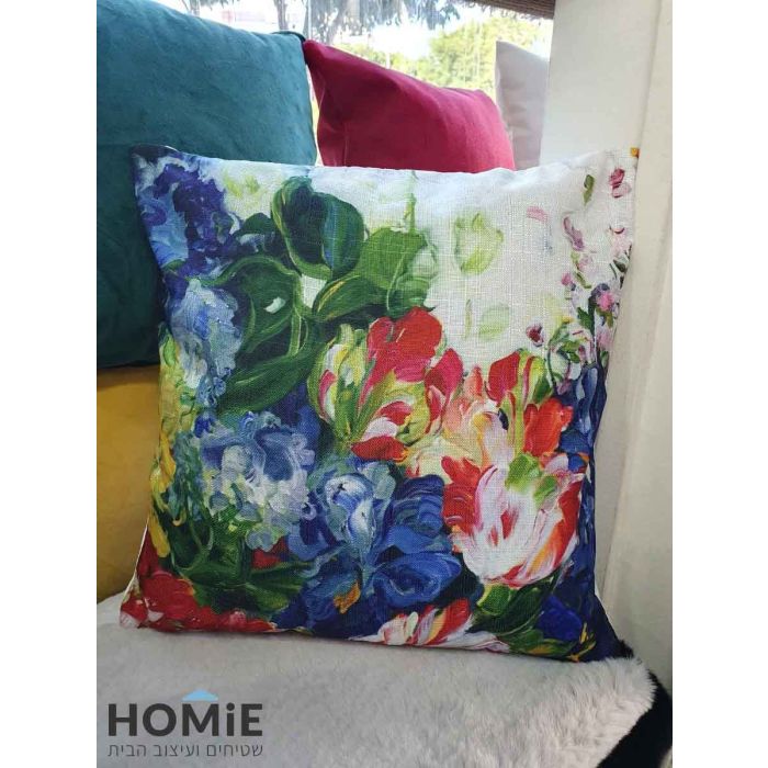 כרית נוי לסלון פרחים צבעוניים דגם אוטופיה 02. הכרית הפרחונית תתאים לסלון, חדר שינה, חדר ילדים, פינת ישיבה, משרדים ואולמות אירועים.