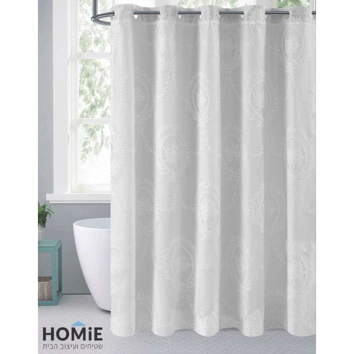 וילון אמבטיה וינטג' קלאסי דקורטיבי פרחוני תחרה דו שכבתי שמנת דגם לורנזו. 