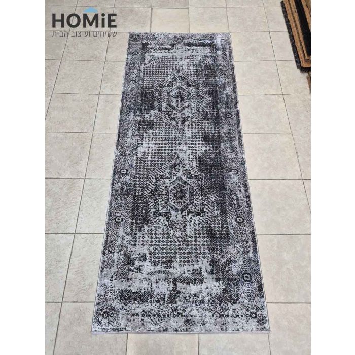 שטיח וינטג' קלאסי אבסטרקטי מדליונים אפור שחור דגם קריסטינה 135A. השטיח יתאים לסלון ושאר הבית.