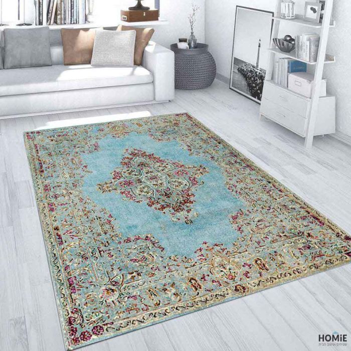 שטיח כותנה וינטג' מדליון פרחוני תכלת סגול דגם לטיסיה 3146 לסלון, חדר שינה, חדר ילדים, מסדרון, אמבטיה, מטבח ומשרד.