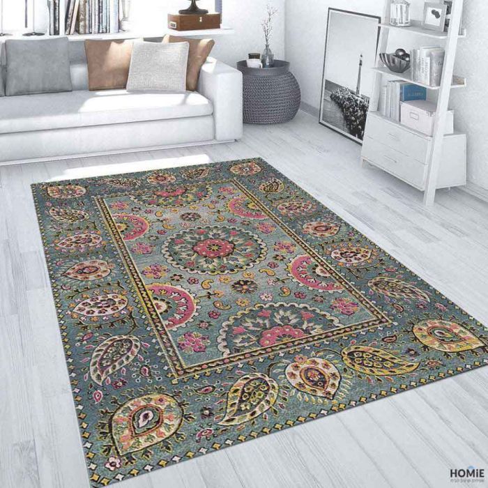 שטיח כותנה וינטג' מדליון פרחוני טורקיז ורוד דגם לטיסיה 2428 לסלון, חדר שינה, מסדרון, אמבטיה, פינת אוכל, מטבח ומשרד. 