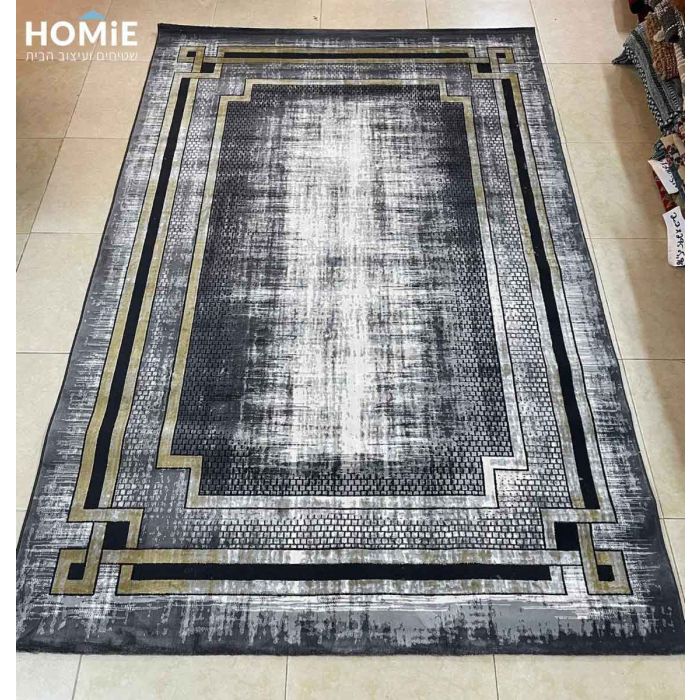 שטיח וינטג' גיאומטרי אבסטרקטי מודרני קלאסי מסגרות שיש אפור שחור זהב דגם סמואל 01. השטיח היוקרתי המשופשף מתאים לסלון, חלל הכניסה לבית, חדר שינה, חדר ילדים, מסדרון, חדר אורחים, חדר משחקים, פינת ישיבה, פינת אוכל, חדר עבודה ומשרד.