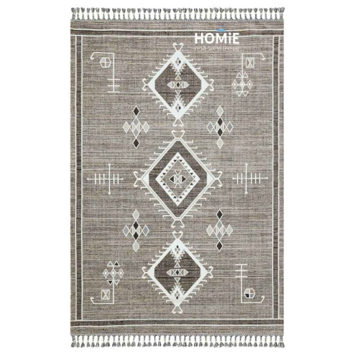 שטיח כותנה וינטג' גיאומטרי אתני מעויינים אפור דגם אניגמה. 