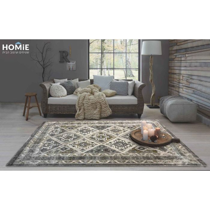 שטיח וינטג' גיאומטרי מודרני קלאסי מעויינים אפור בז' דגם לאורה 02. השטיח המרשים והיוקרתי העשוי היטסט-ויסקוזה מתאים לסלון, חדר שינה, מסדרון, חדר ילדים ותינוקות, חדר אורחים, פינת ישיבה, פינת משחקים, פינת אוכל, חדר עבודה ומשרד.