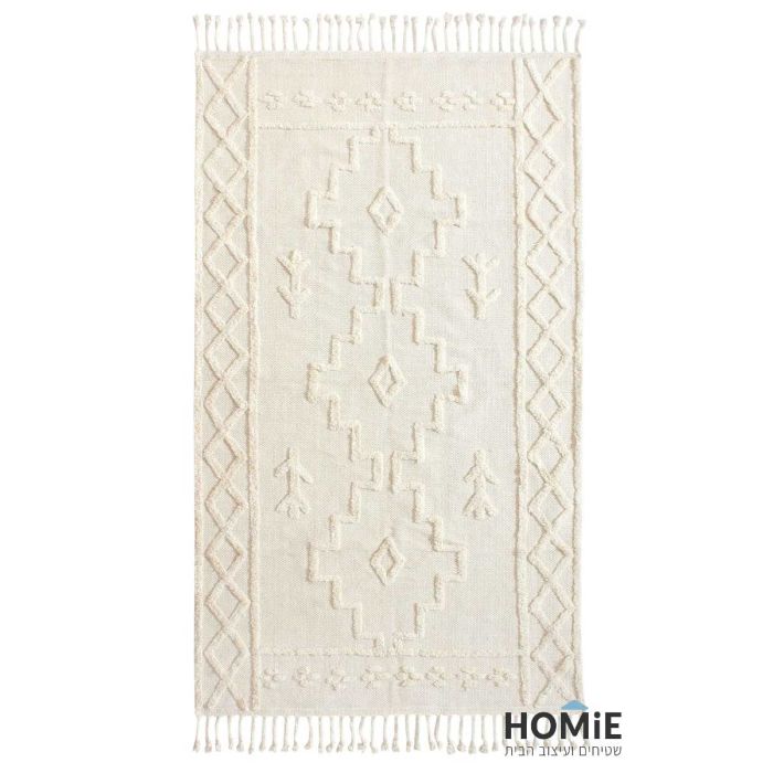 שטיח וינטג' גיאומטרי מודרני כותנה מעויינים שמנת דגם לואיזה 02. השטיח היוקרתי בסגנון הכפרי משתלב בצורה אידיאלית בסלון, חדר שינה, חדר ילדים, מסדרון, אמבטיה, חדר אורחים, חדר משחקים, פינת ישיבה, פינת אוכל, מטבח, חדר עבודה ומשרד. 