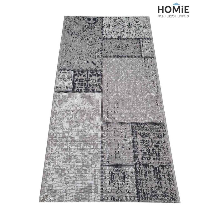 שטיח חבל וינטג' גיאומטרי טלאים מודרני דגם וויסטלר 71/268 בצבע אפור ושחור. השטיח היוקרתי מתאים לסלון, חדר שינה, חדר ילדים, אמבטיה, מסדרון, חדר אורחים, פינת משחקים, פינת אוכל, חדר עבודה, גינה, משרד, בית ספר וגן ילדים.