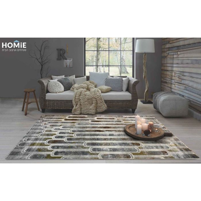 שטיח וינטג' גיאומטרי מודרני צורות אפור בז' דגם לאורה 03. השטיח המרשים והיוקרתי העשוי היטסט-ויסקוזה מתאים לסלון, חדר שינה, מסדרון, חדר ילדים ותינוקות, חדר אורחים, פינת ישיבה, פינת משחקים, פינת אוכל, חדר עבודה ומשרד. 