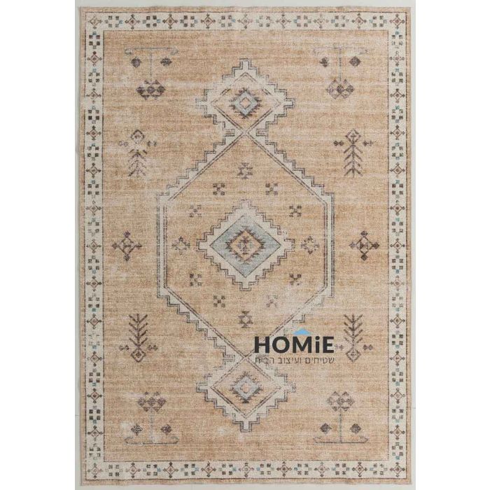 שטיח וינטג' מודרני אתני דגם ארתור 02 בצבעי בז' ותכלת, מונח בשלמותו, עם מדליונים אתניים ויוקרתי