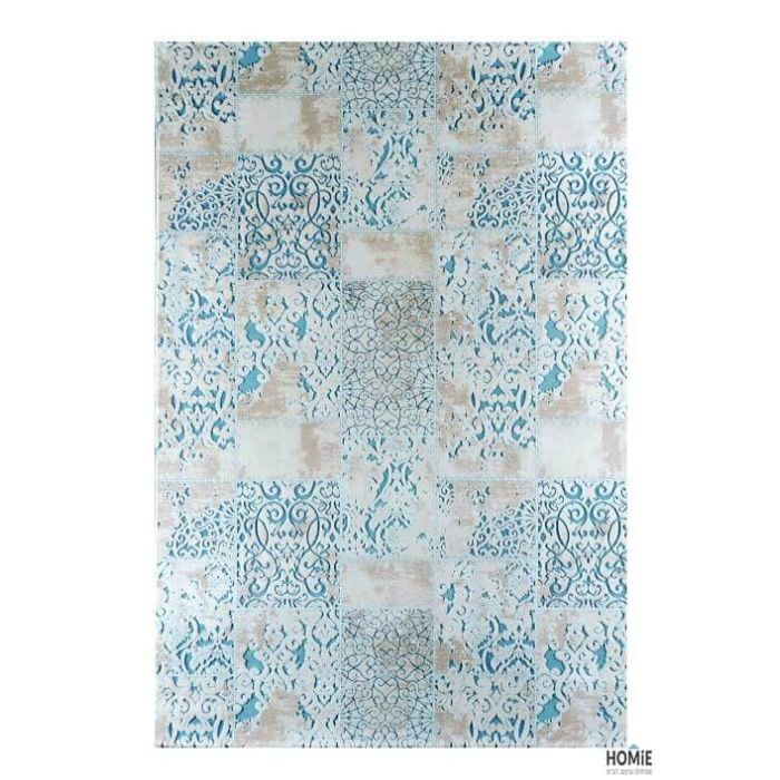 שטיח וינטג' טלאים גיאומטרי יוקרתי לסלון, לחדר שינה, לחדר ילדים, למטבח ושאר חלל הבית דגם זאוס 58J בצבע תכלת, בז' ושמנת.