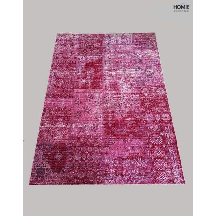 שטיח וינטג' טלאים יוקרתי ורוד עתיק לסלון וחדרי הבית – מוצג בשלמותו