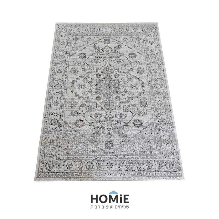 שטיח חבל וינטג' מדליון פרחוני דגם וויסטלר 17/260 איכותי לסלון, לחדר שינה, למטבח ושאר חלל הבית בצבע שמנת, אפור ושחור. 