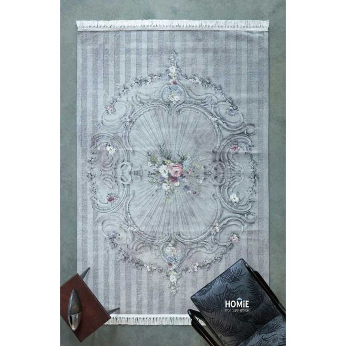 שטיח כותנה וינטג' אפור פרחוני איכותי לסלון, לחדר שינה, לחדר ילדים, למטבח ושאר חלל הבית דגם סטפני 77. 