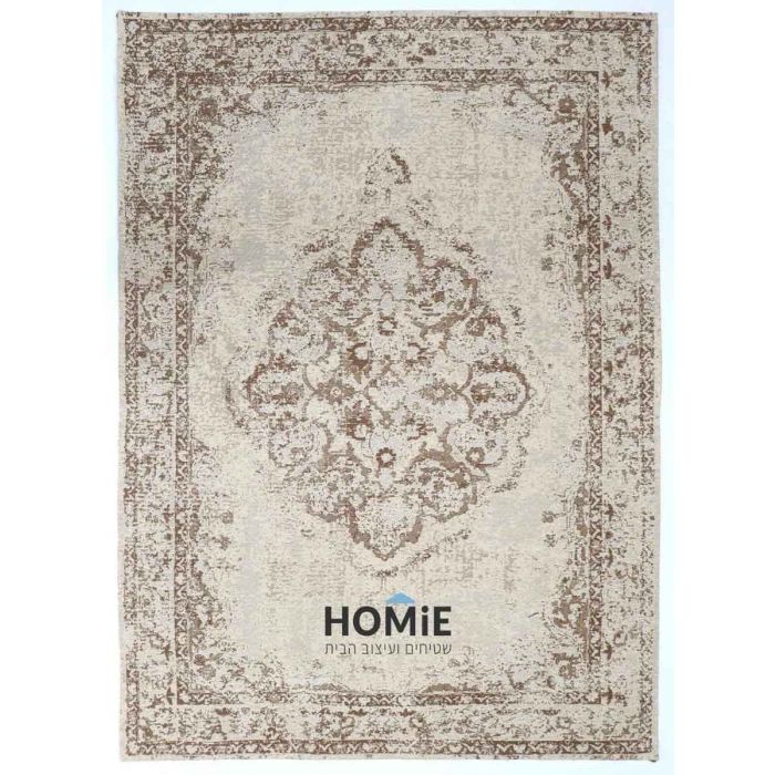 שטיח וינטג' כותנה מדליון משופשף דהוי בז' דגם מונקו. שטיח השניל מתאים לסלון וחדר שינה.