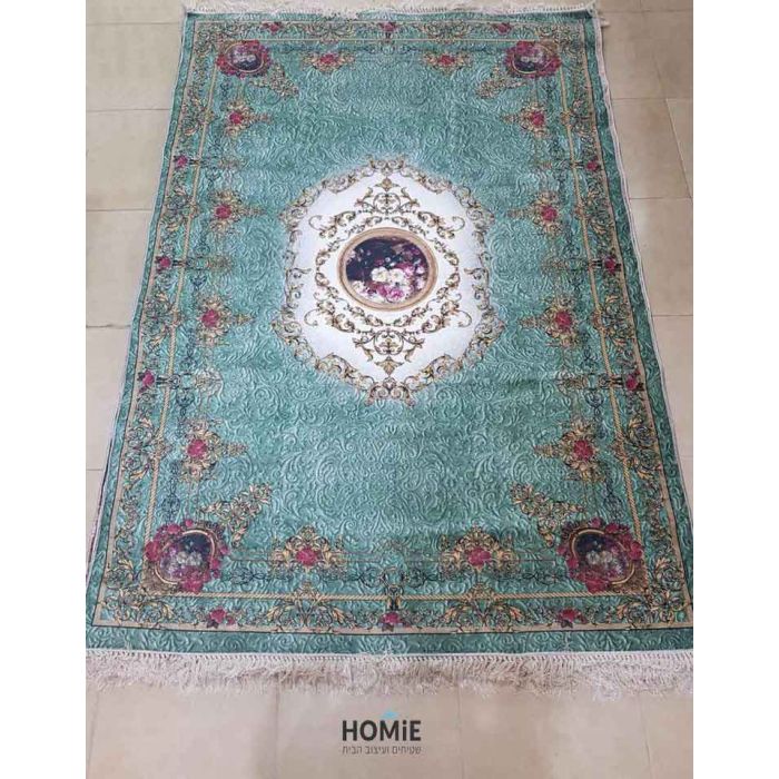 שטיח וינטג' מודרני-קלאסי מדליון פרחוני טורקיז סגול דגם מסאי 1702. השטיח האיכותי מתאים לסלון, לחדר שינה, לחדר ילדים, לאמבטיה, למטבח, למסדרון, לפינת אוכל, לחדר עבודה ולמשרד. 