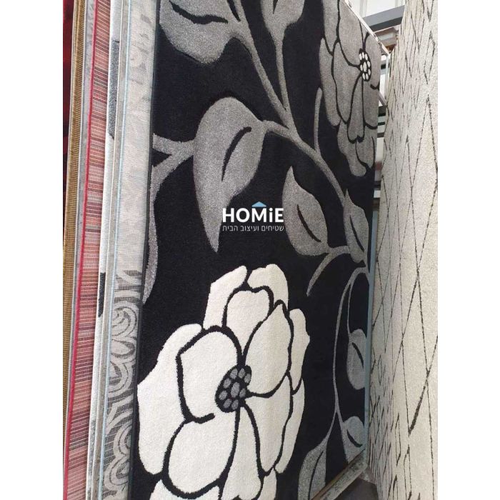 שטיח וינטג' פרחים דגם אקסלנס 209 בצבע אפור, שחור ולבן. השטיח המודרני היוקרתי יתאים לסלון, חדר שינה, מטבח ושאר הבית. 