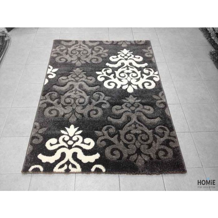שטיח וינטג' מהודר עיטורים פרחוניים לסלון, לחדר שינה, למטבח ושאר חלל הבית בצבע אפור כהה, אפור בהיר ושמנת דגם אקסלנס 029