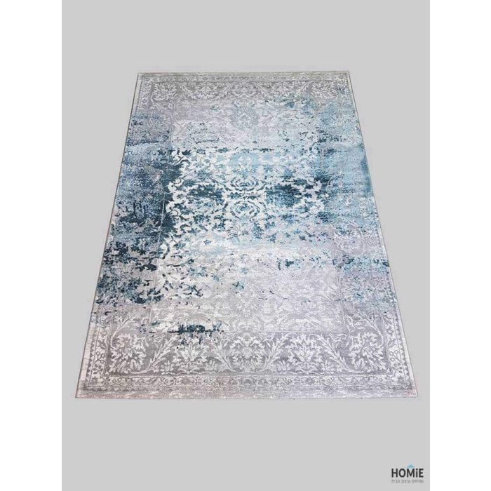 שטיח לסלון וינטג' מודרני דגם ג'סיקה 017/953 בגווני אפור וטורקיז, מוצג במלואו עם דוגמה קלאסית במראה שטוף ולא אחיד