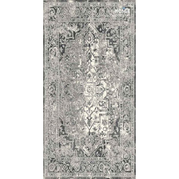 שטיח וינטג' משופשף מדליון מודרני יוקרתי דגם אלכסנדרה 22/35 בצבע אפור, שחור ושמנת. 