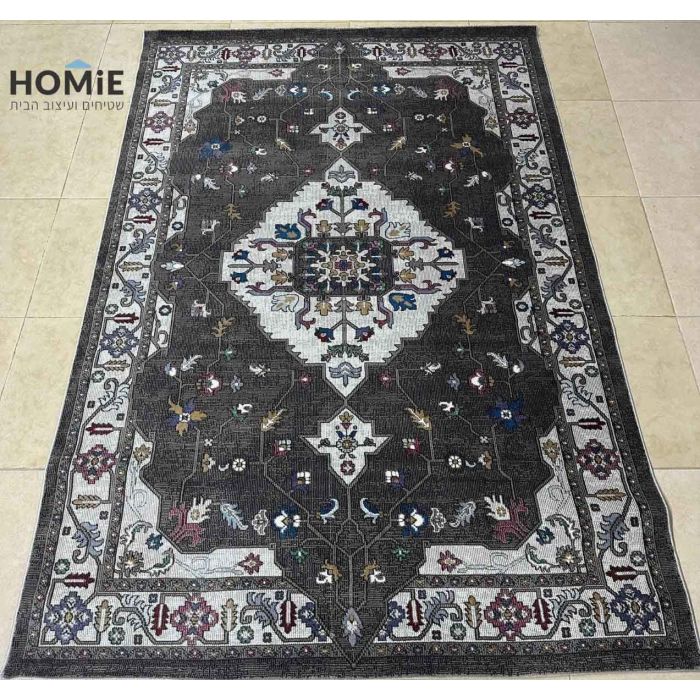 שטיח וינטג' קלאסי מודרני מדליון פרחוני אפור כהה ובהיר דגם סוהו 03. השטיח היוקרתי מתאים לסלון ושאר חלל הבית. 