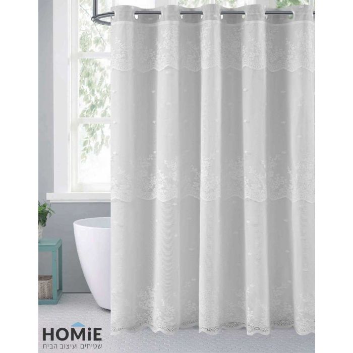 וילון אמבטיה וינטג' דקורטיבי פרחוני תחרה דו שכבתי שמנת דגם אלפרדו. 