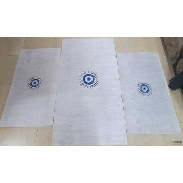 שטיח כותנה אבסטרקטי איכותי עין כחולה דגם לטיסיה 5552 בצבע אפור כחול לסלון, לחדר שינה, למסדרון, לאמבטיה, לפינת אוכל, למטבח, לחדר עבודה ולמשרד. 