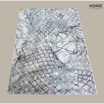 שטיח אבסטרקטי גיאומטרי מרובעים/מעויינים איכותי לסלון, לחדר שינה, למטבח ושאר חלל הבית בצבע אפור כהה, אפור בהיר ושמנת. 