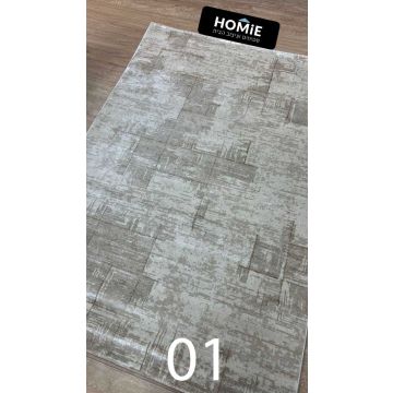 שטיח גיאומטרי אבסטרקטי מודרני דגם בילבאו בצבע בז' קלאסי, מונח על פרקט בסלון מואר, מתאים לעיצוב מודרני ועדכני