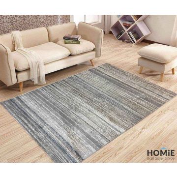 שטיח אבסטרקטי מודרני פסים אפור כחול בז' דגם אמילי 03. השטיח היוקרתי מתאים לסלון, חדר שינה, חדר ילדים, מסדרון, חדר משחקים, חדר אורחים, פינת ישיבה, פינת אוכל, מטבח, חדר עבודה ומשרד. 