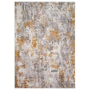 שטיח אבסטרקטי מודרני יוקרתי דגם הימלאיה 37/95 בגווני אפור, חרדל ובז' מונח בשלמותו בסלון