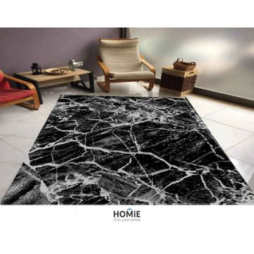 שטיח אבסטרקטי שיש מודרני יוקרתי דגם ג'וליה 69A בצבע שחור אפור לסלון, לחדר שינה, לחדר ילדים, לאמבטיה, למטבח, למסדרון, לפינת אוכל, לחדר עבודה ולמשרד.