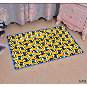 שטיח ויניל אבסטרקטי פי וי סי (PVC) לינולאום מודרני דגם עיניים כחולות רקע צהוב (עם נגיעות שחורות). 