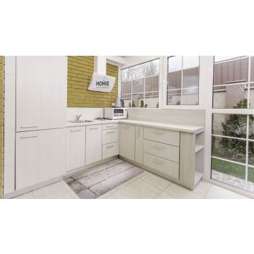 שטיח ויניל PVC בעיצוב טקסטורת בטון בגוון אפור – שטיח אבסטרקטי דקורטיבי לחללים שונים - תצוגה מלאה במטבח
