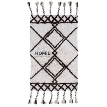 שטיח בוהו אתני כותנה גיאומטרי מודרני מעויינים שחור אוף וויט דגם רובי 03. השטיח היוקרתי יתאים בעיקר לאמבטיה אך גם לשאר חלל הבית. השטיח בעל אלמנטים אתניים (שבטיים) מיוחדים ויכניס הרבה חמימות וסטייל לכל מקום בו יונח. 